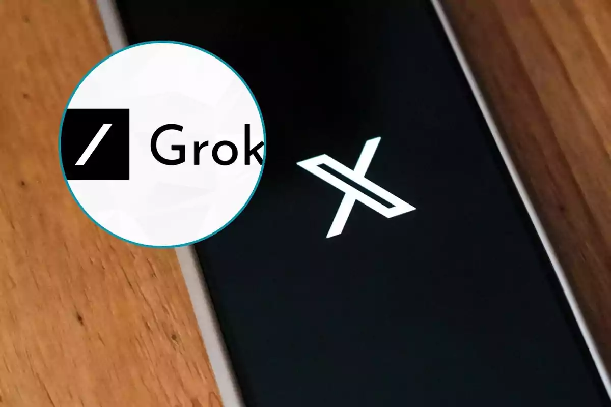 Un teléfono móvil con el logotipo de una X en la pantalla y un gráfico circular con la palabra "Grok" en el lado izquierdo.