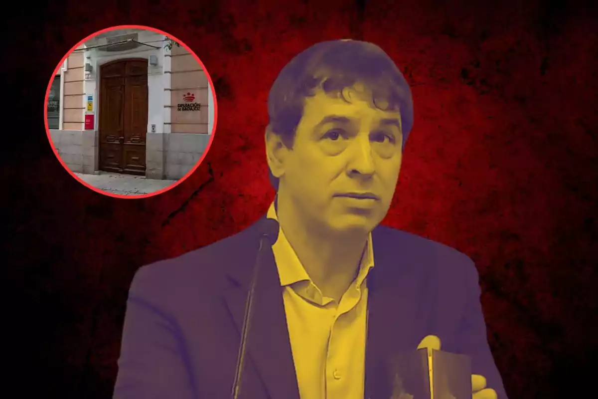 Un hombre con expresión seria en un fondo rojo oscuro y un círculo que muestra la entrada de un edificio con un letrero que dice "Diputación de Badajoz".