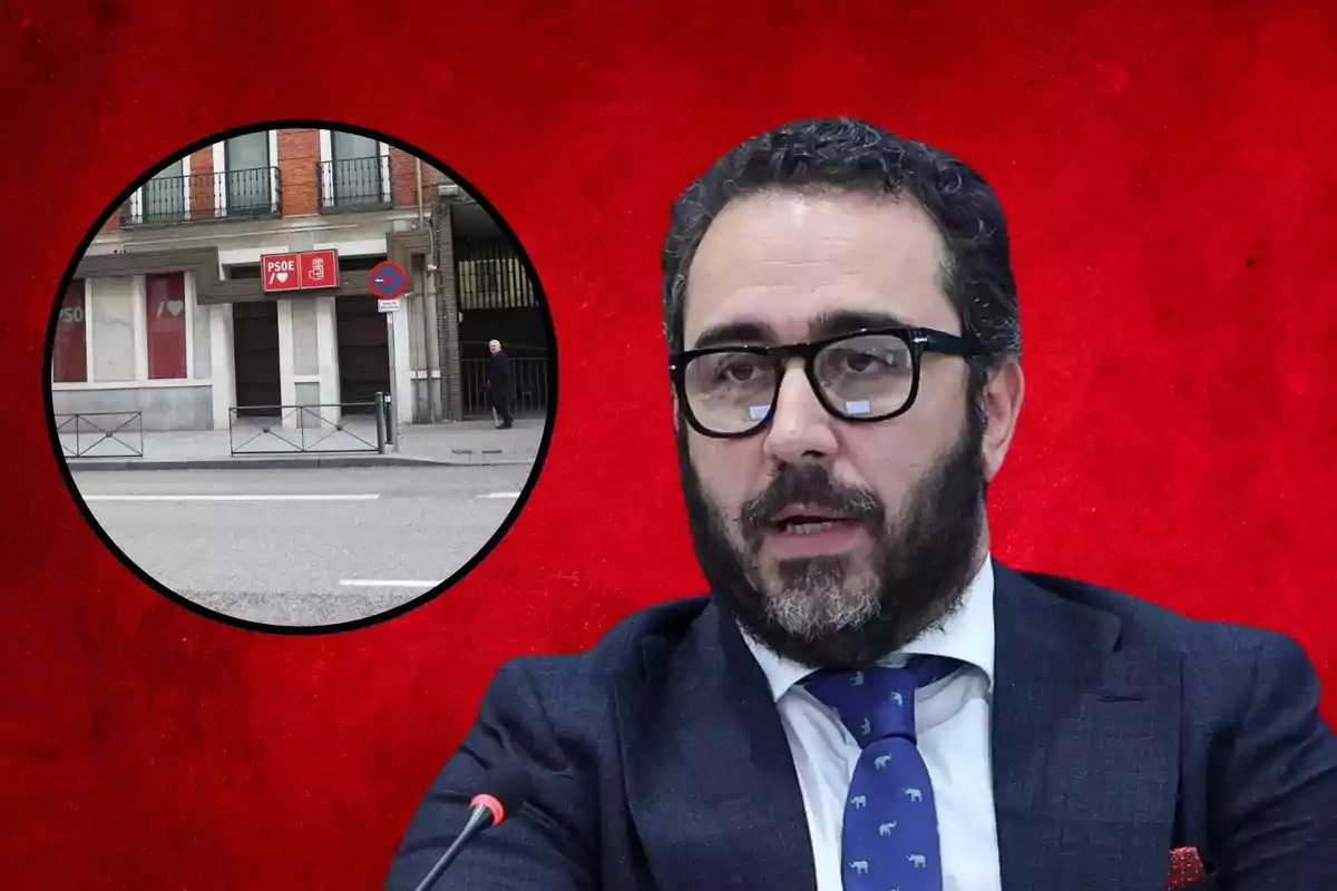 Un hombre con barba y gafas aparece en primer plano sobre un fondo rojo, mientras que en un círculo se muestra la fachada de un edificio con un cartel del PSOE.