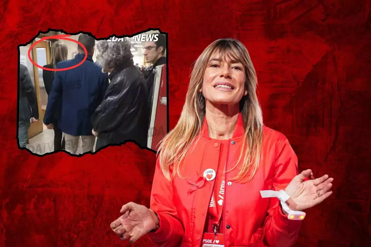 Una mujer sonriente con chaqueta roja aparece en primer plano mientras en el fondo se observa una imagen de varias personas en un pasillo.