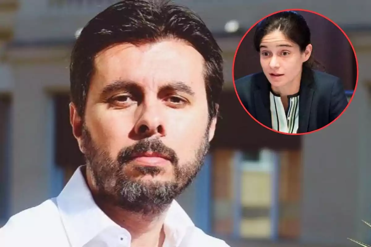 Un hombre con barba y cabello oscuro mira a la cámara con una expresión seria mientras en la esquina superior derecha hay un recuadro con la imagen de una mujer joven con cabello recogido y expresión atenta.