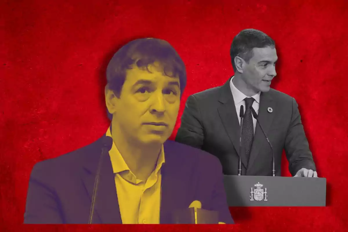 Dos hombres en un montaje gráfico con fondo rojo, uno en color amarillo y el otro en blanco y negro, ambos en poses de discurso.