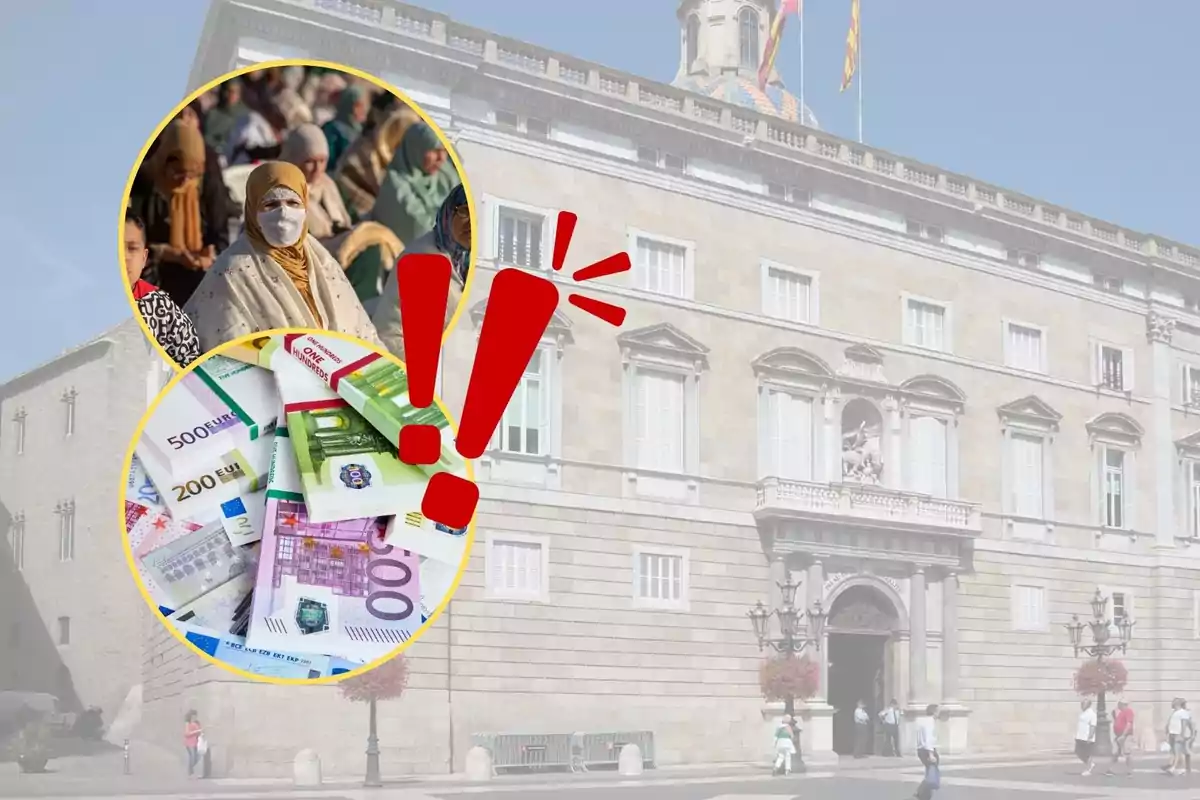 Una imagen de un edificio histórico con un collage superpuesto que muestra a una persona con mascarilla y billetes de euro, junto a un signo de exclamación rojo.