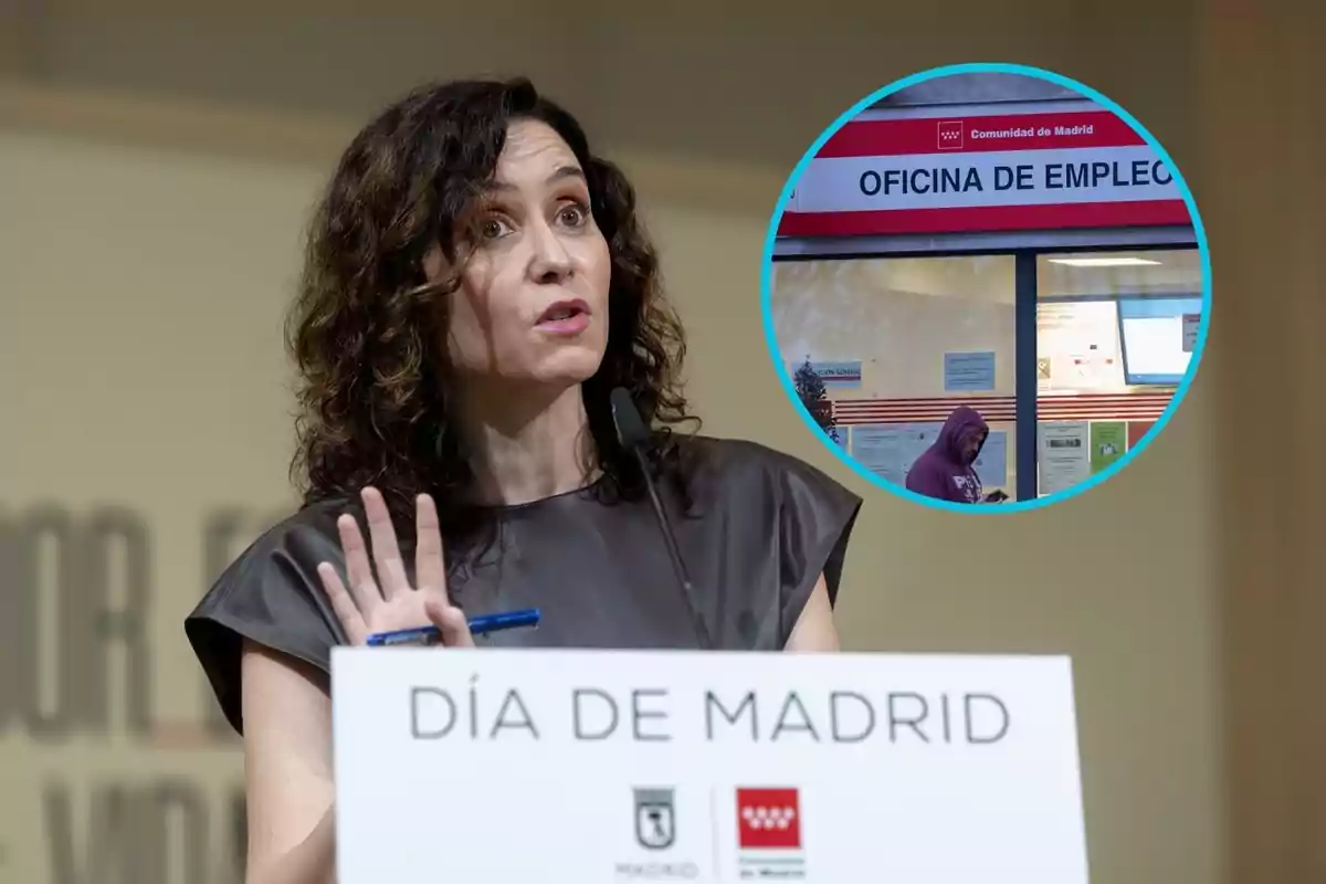 Una persona hablando en un podio con un cartel que dice "Día de Madrid" y un recuadro que muestra una oficina de empleo.