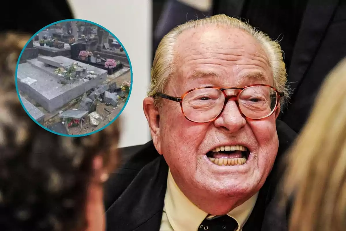 Un hombre mayor con gafas y expresión intensa está rodeado de personas, con una imagen circular superpuesta que muestra un cementerio.