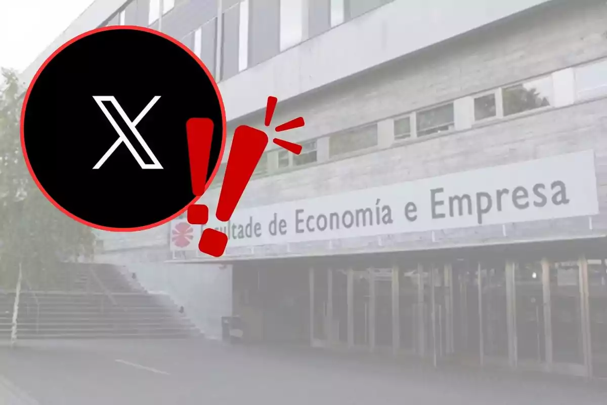 A building with a sign that says "Faculty of Economics and Business" and a black logo with a white "X" and red exclamation marks overlaid.