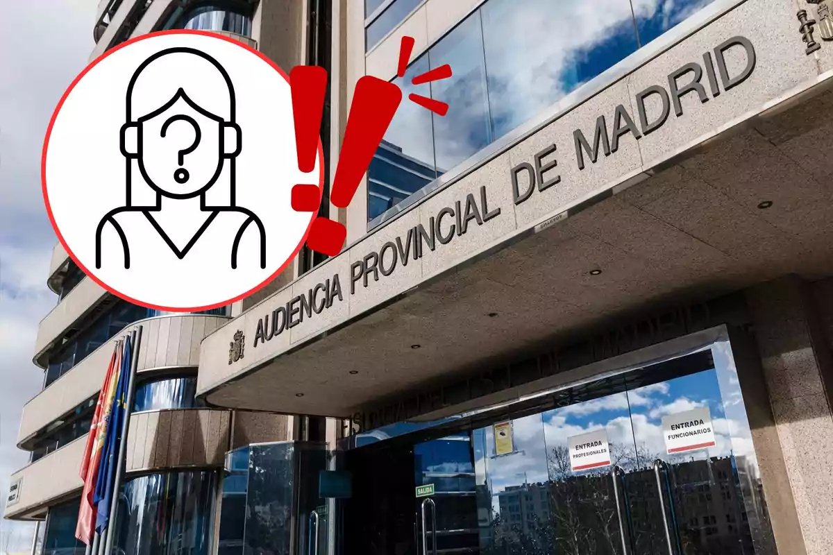 Edificio de la Audiencia Provincial de Madrid con un gráfico de una figura femenina con un signo de interrogación y signos de exclamación en rojo.