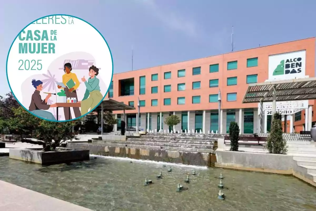 Modern building with a brick facade and green windows, in front of a tiered fountain, featuring a pie chart showing three women interacting and the text "Women's House Workshops 2025."