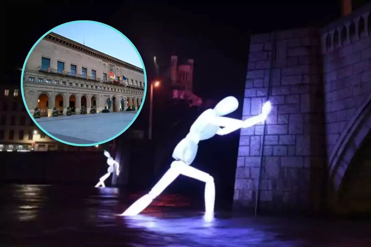 Una instalación artística nocturna con figuras luminosas empujando una pared, junto a una imagen circular de un edificio histórico.