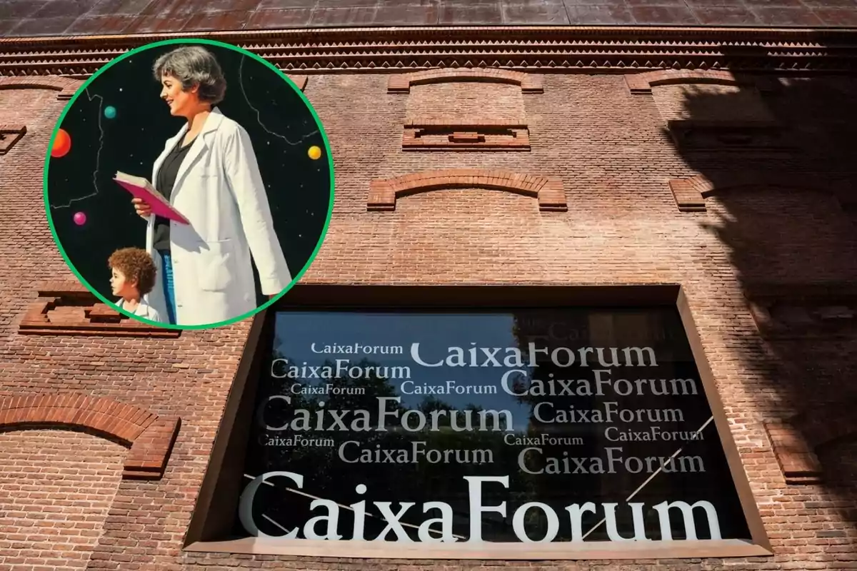 Una imagen de la fachada de un edificio de ladrillo con una ventana que tiene el texto "CaixaForum" repetido varias veces; en la esquina superior izquierda hay un círculo que muestra una ilustración de una mujer con bata blanca sosteniendo un libro, acompañada de un niño, con un fondo de planetas de colores.