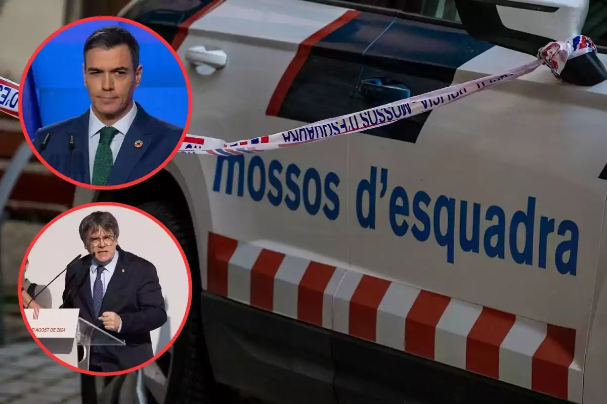 Un coche de los Mossos d'Esquadra con cinta policial y dos personas en círculos rojos.