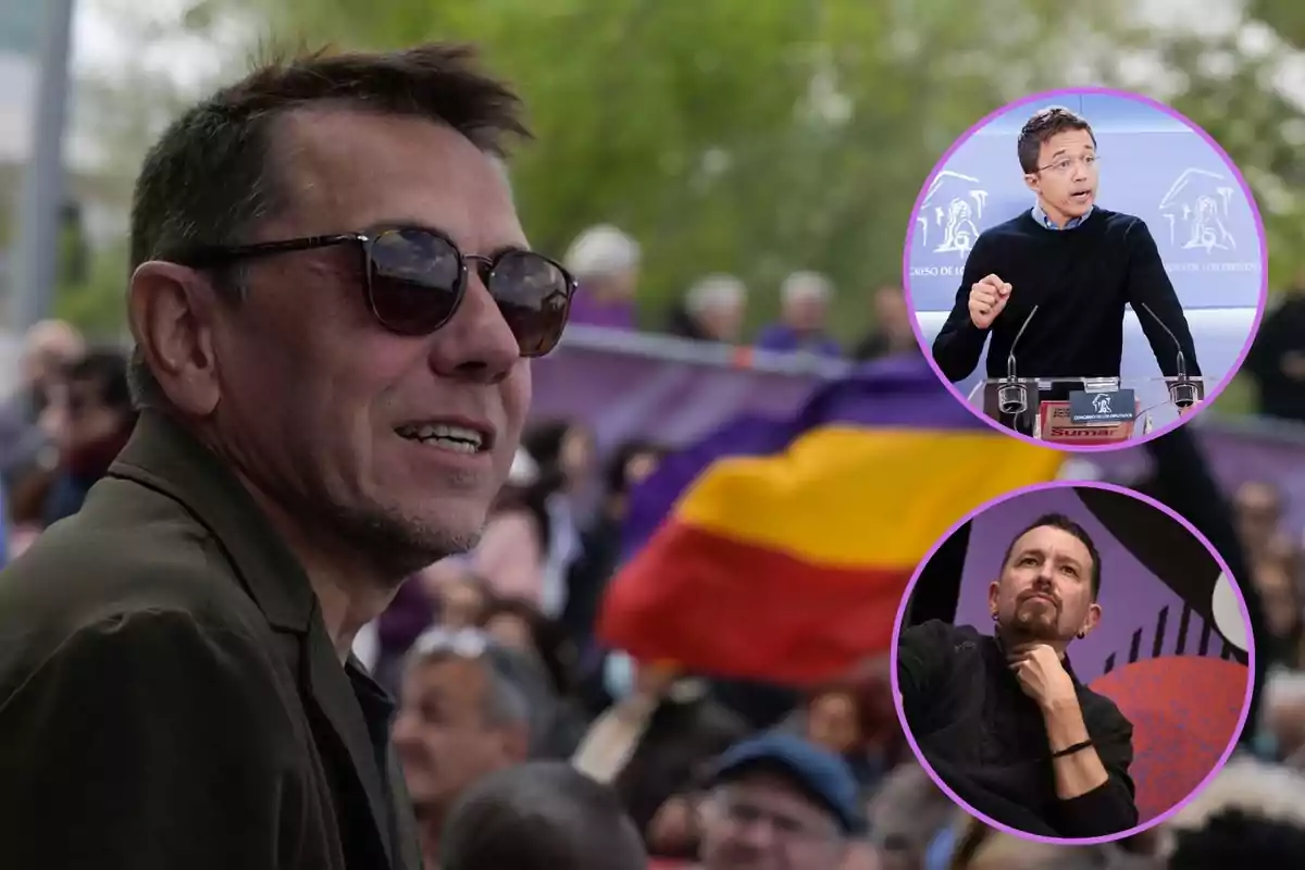 A man with sunglasses at an outdoor event, with two overlapping circular images showing other people speaking at a podium and sitting pensively, and a flag in the background.