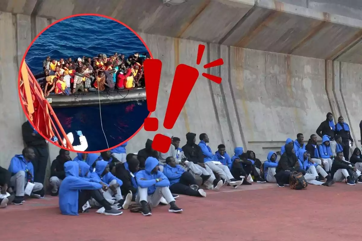 A group of people sitting next to a wall, with an inserted image of a boat full of people at sea and a red exclamation mark.