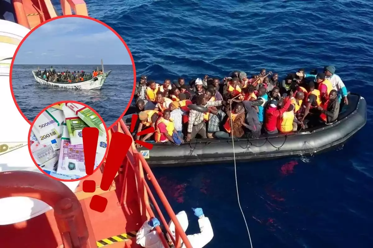 A group of people wearing life jackets is on an inflatable boat at sea, while a rescue ship approaches; in a red circle, images of money and another boat full of people are shown.