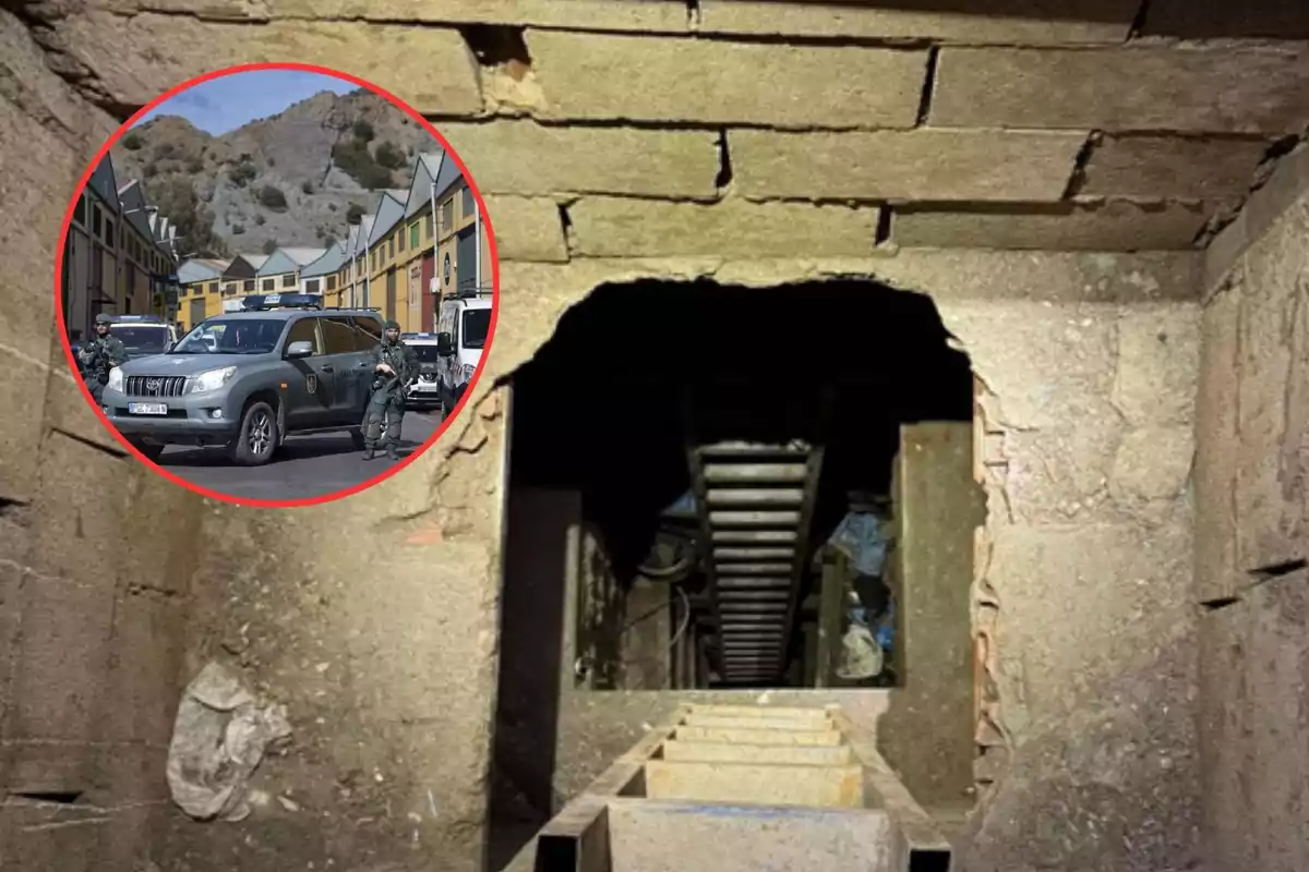 An image shows an underground tunnel with a metal ladder and brick walls, and an inset in the upper left corner with a scene of vehicles and security personnel on a street surrounded by buildings and mountains in the background.