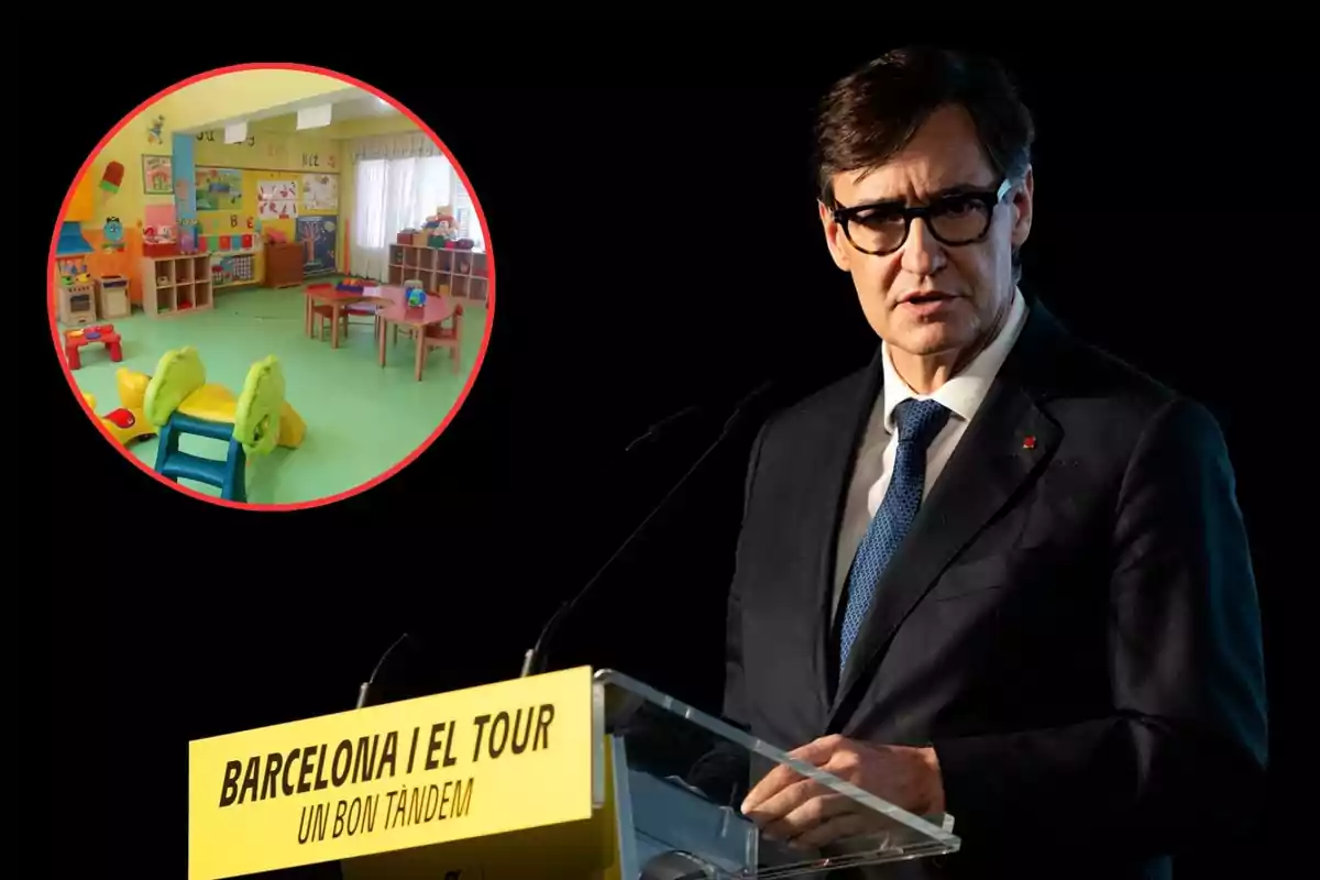 A man with glasses and a dark suit speaks at a podium with a sign that says "Barcelona i el Tour Un bon tàndem" while a colorful classroom for children is shown in a red circle.