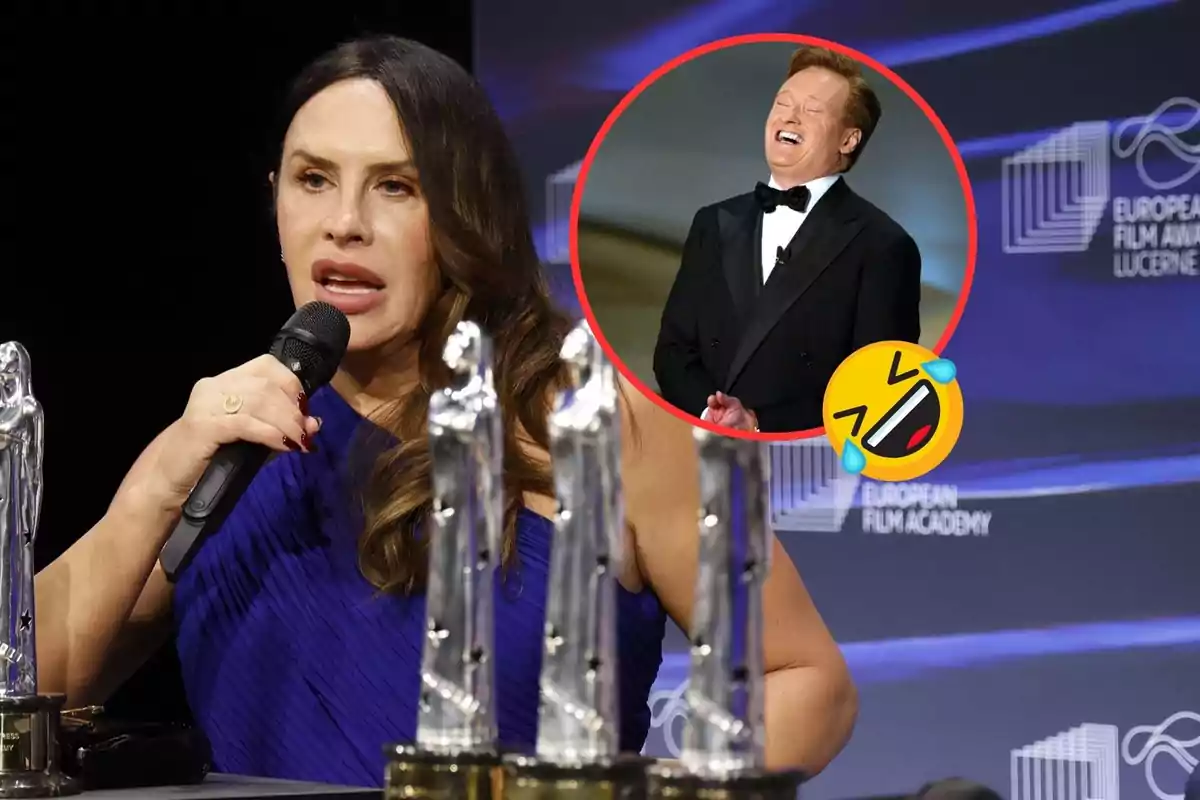 A woman speaking into a microphone at an awards event, with several statuettes in front of her and an inset of a man laughing and a laughing emoji.