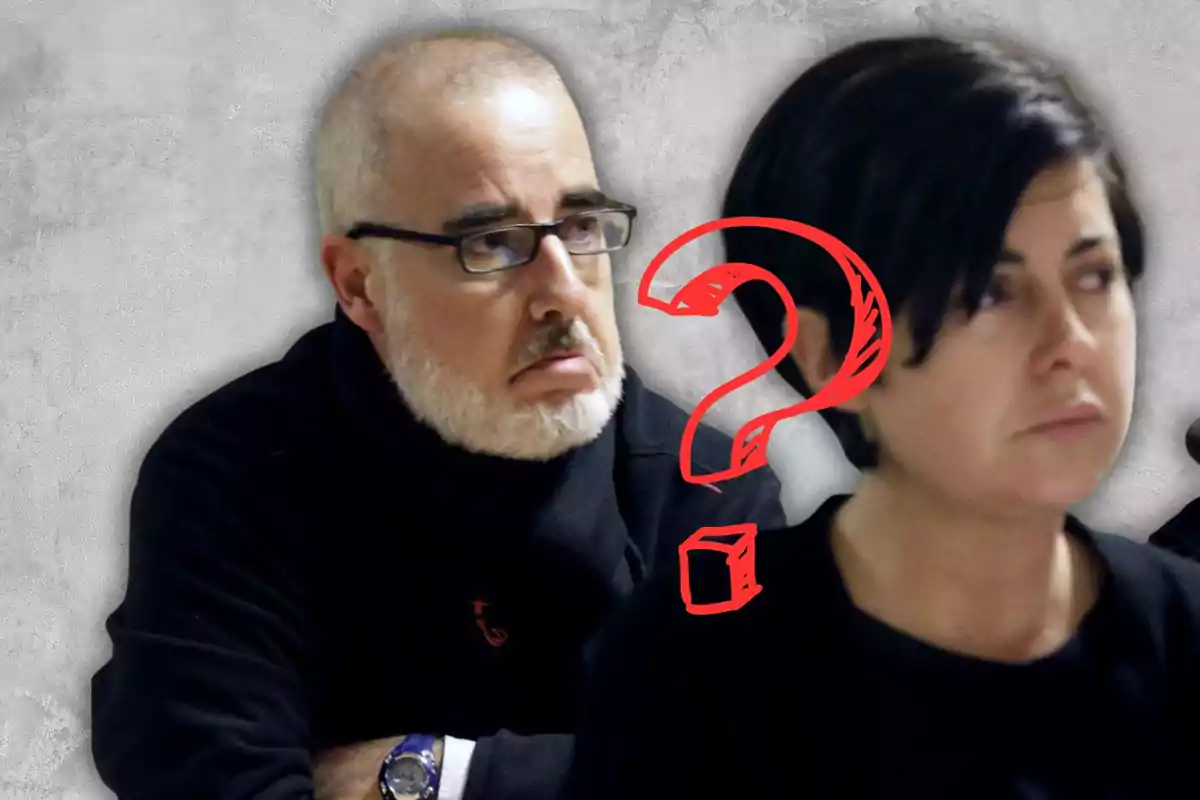 Two people with serious expressions and a red question mark between them.