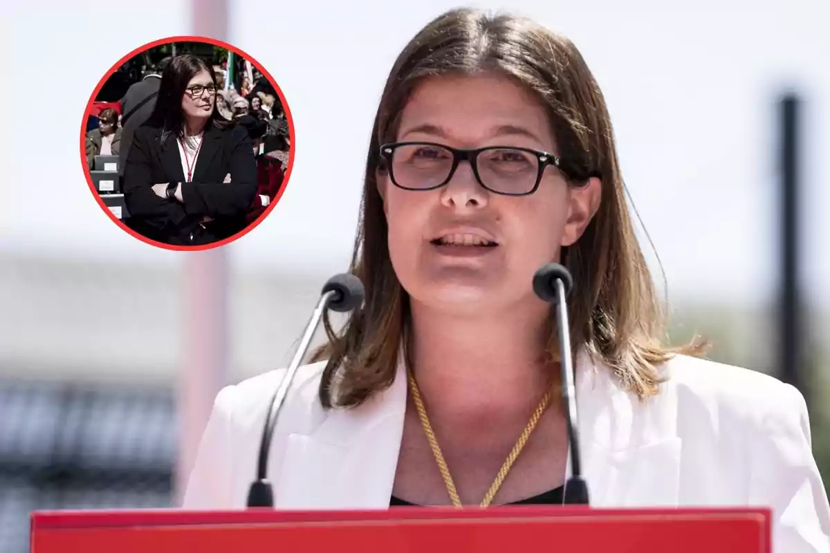 A woman with glasses speaks in front of a microphone, while another image of her with crossed arms at an event is shown in an inset.