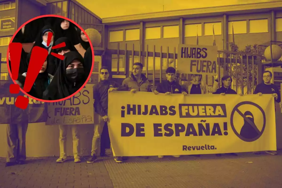 A group of people holds signs with messages against the use of the hijab in Spain, with a red circle highlighting women with hijabs and an exclamation mark.