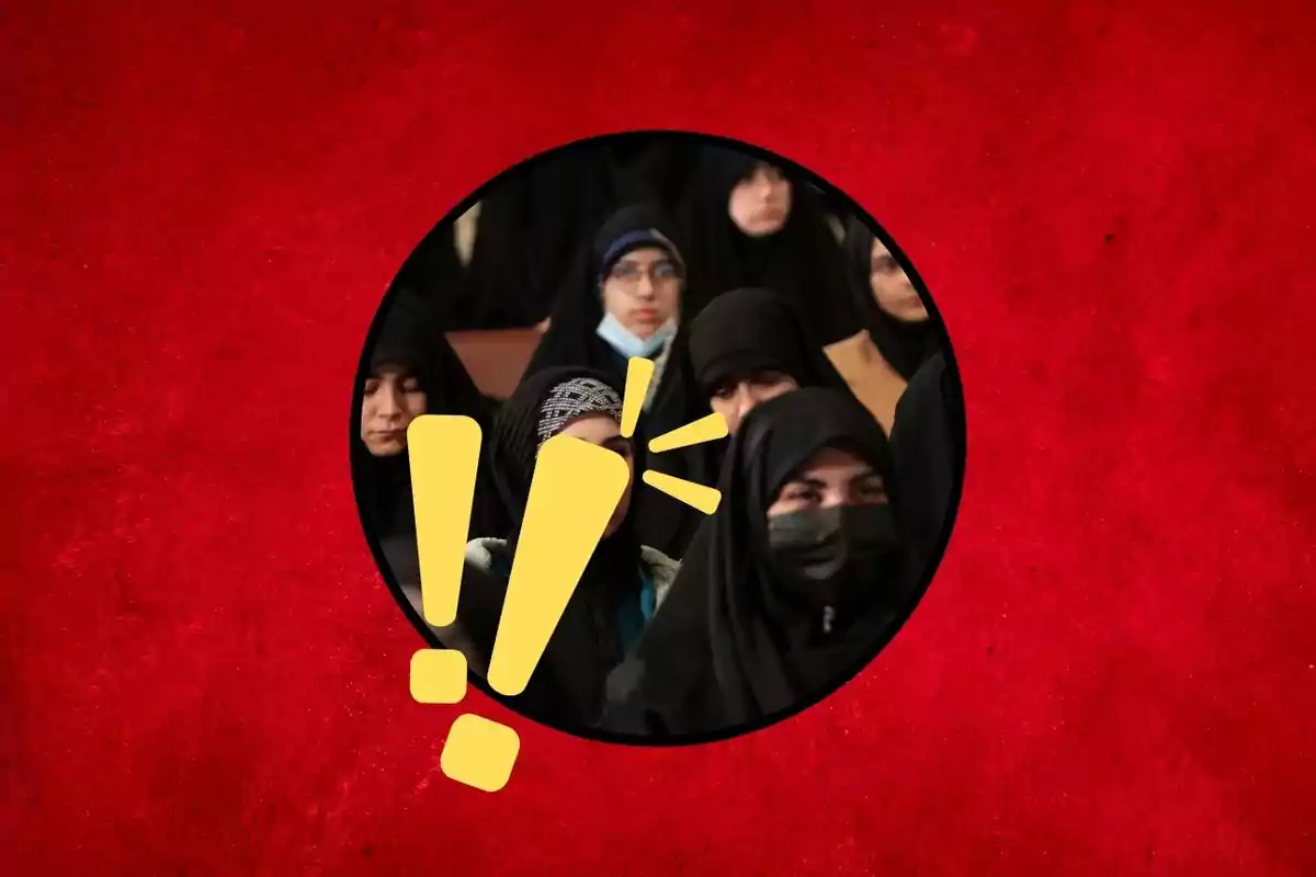 A group of people dressed in dark clothing and covered, with a red background and a yellow exclamation mark overlaid.