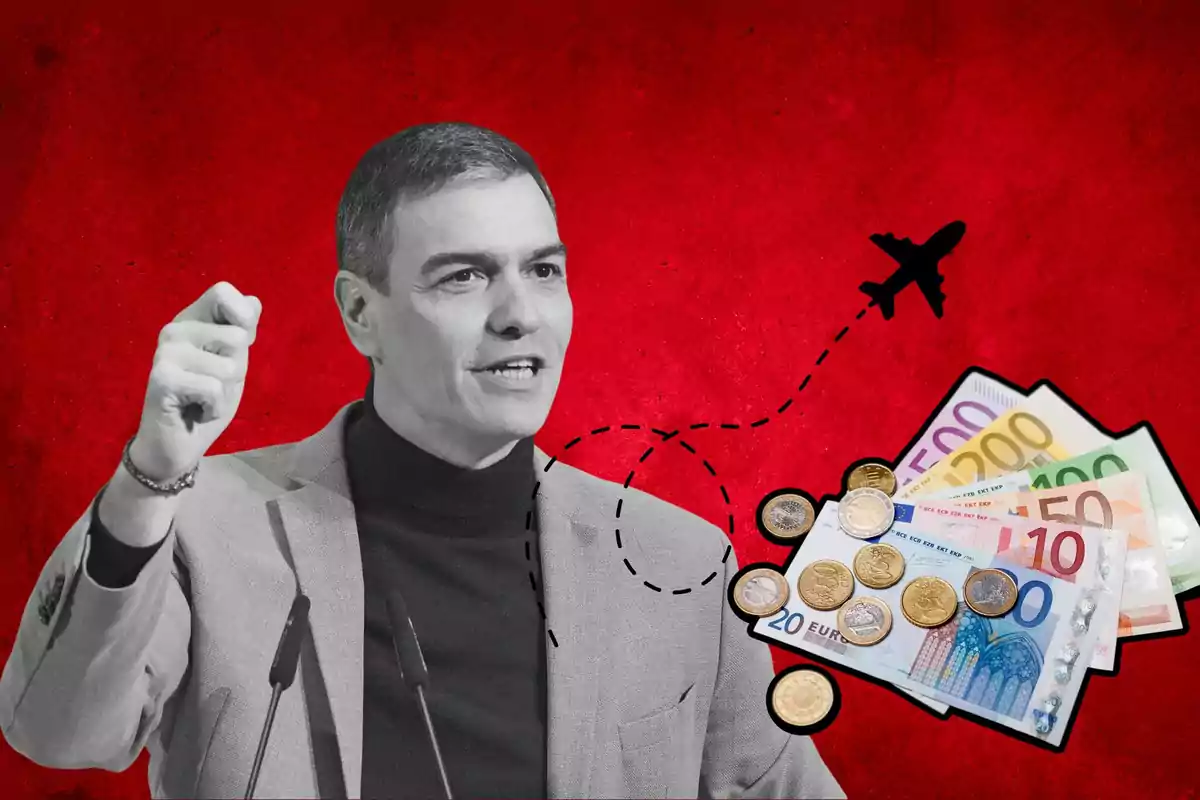 Man talking with a red background, a drawn airplane, and euro bills and coins.