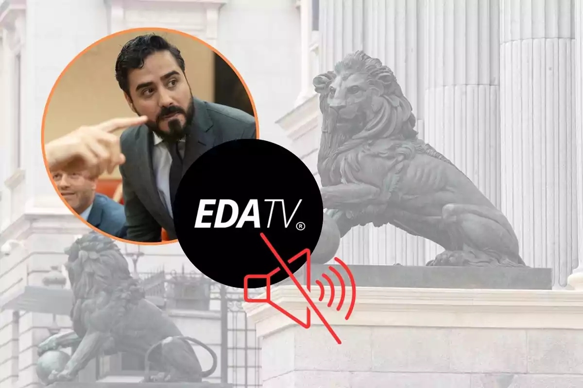 Un hombre con barba y traje aparece en un círculo superpuesto sobre una imagen de un león de bronce frente a un edificio con columnas, con un logotipo de EDA TV y un icono de silencio en el centro.