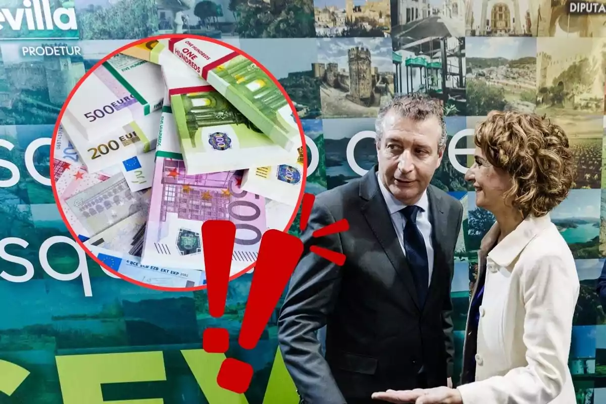 Dos personas conversan frente a un fondo con imágenes de Sevilla mientras un círculo rojo resalta billetes de euro con un signo de exclamación.