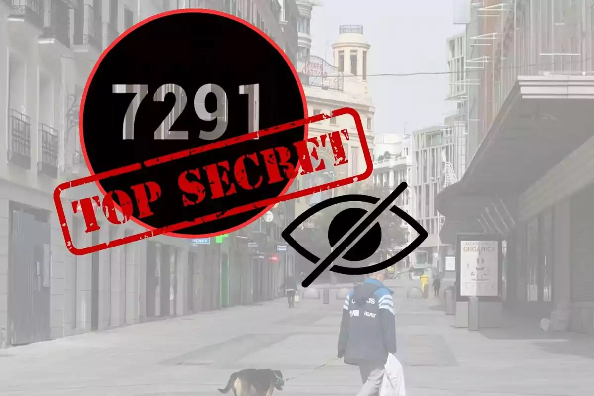 Una imagen de una calle urbana con un círculo negro que contiene el número 7291 y las palabras "Top Secret" en rojo, junto a un icono de ojo tachado.