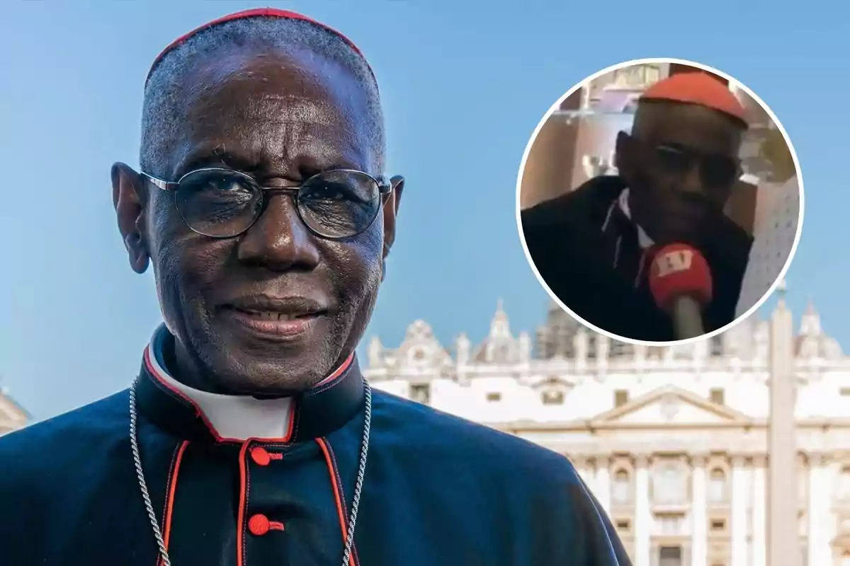 A man in clerical attire and glasses smiles in front of a religious building, with an inset showing an image of him speaking into a microphone.