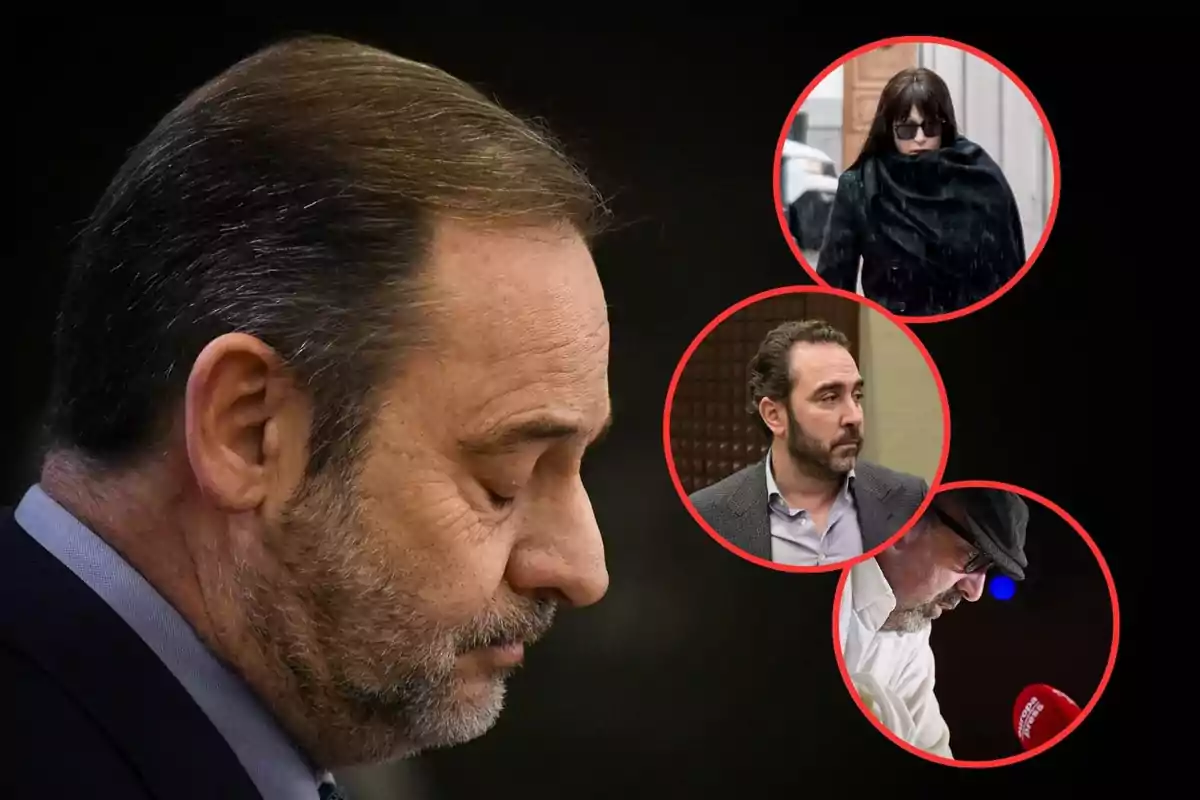 Un hombre de perfil con expresión seria y tres imágenes circulares de otras personas en el fondo.
