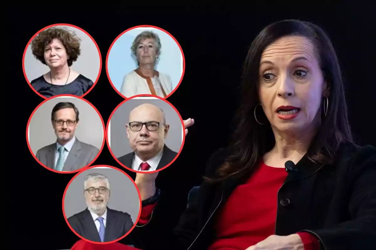 Una mujer hablando mientras señala imágenes de cinco personas en círculos rojos.