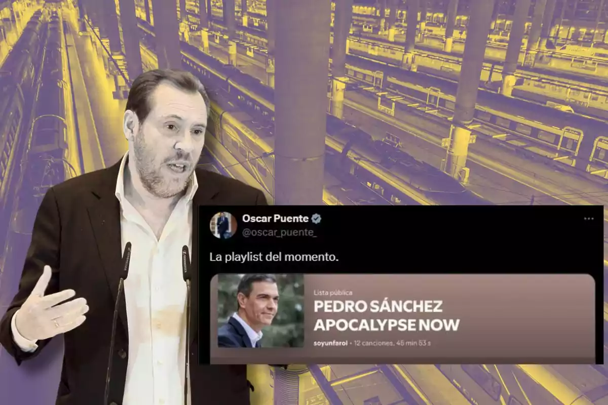 Un hombre hablando frente a un micrófono con una imagen de fondo de una estación de tren y un recuadro que muestra un tuit sobre una playlist llamada "Pedro Sánchez Apocalypse Now".