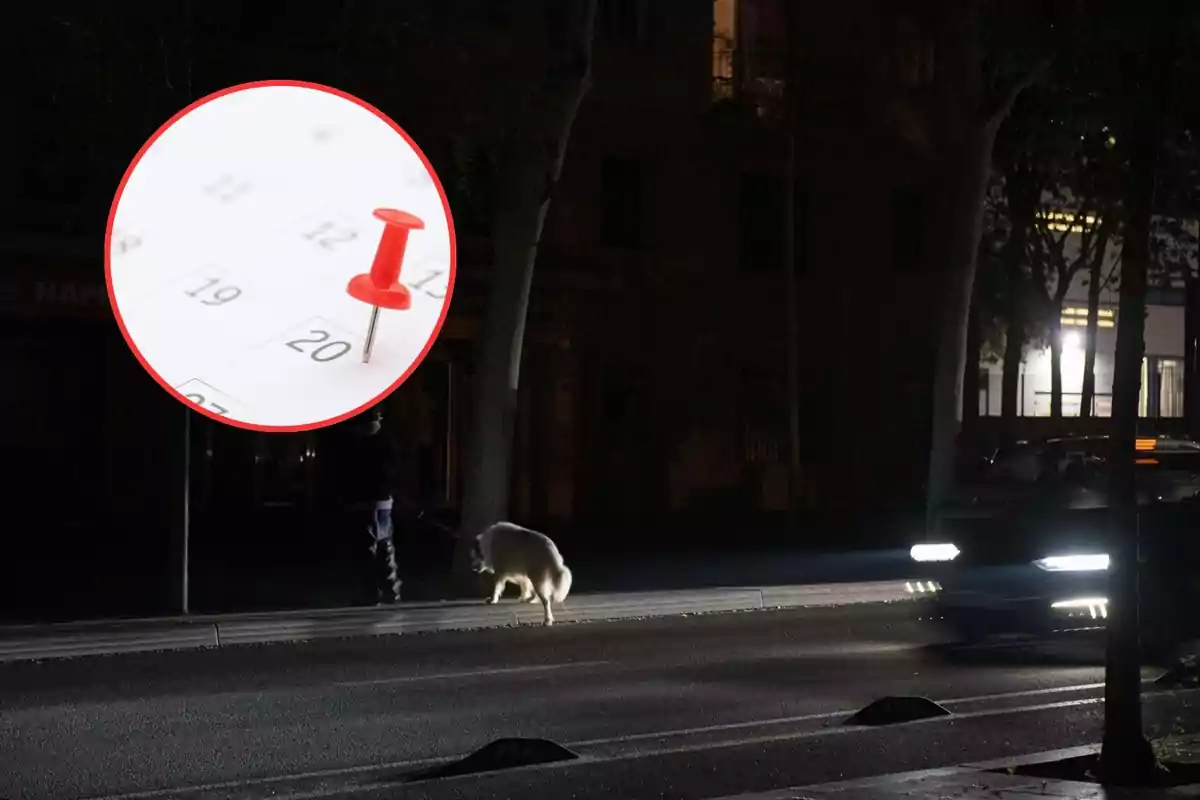 Una imagen nocturna muestra a una persona paseando a un perro por la calle mientras un coche se aproxima con las luces encendidas y un recuadro resalta un calendario con una chincheta roja en el día 20.