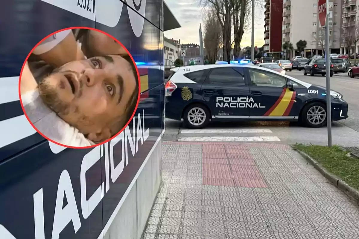 Un coche de la Policía Nacional está estacionado en una calle, mientras que un recuadro muestra a un hombre con expresión de sorpresa o preocupación.