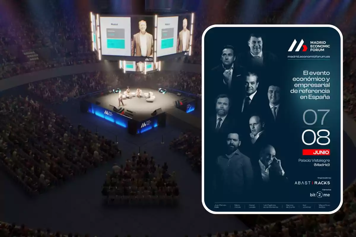 Una conferencia en un auditorio lleno de gente con un cartel promocional del Madrid Economic Forum que muestra a varios oradores y las fechas del evento en junio.