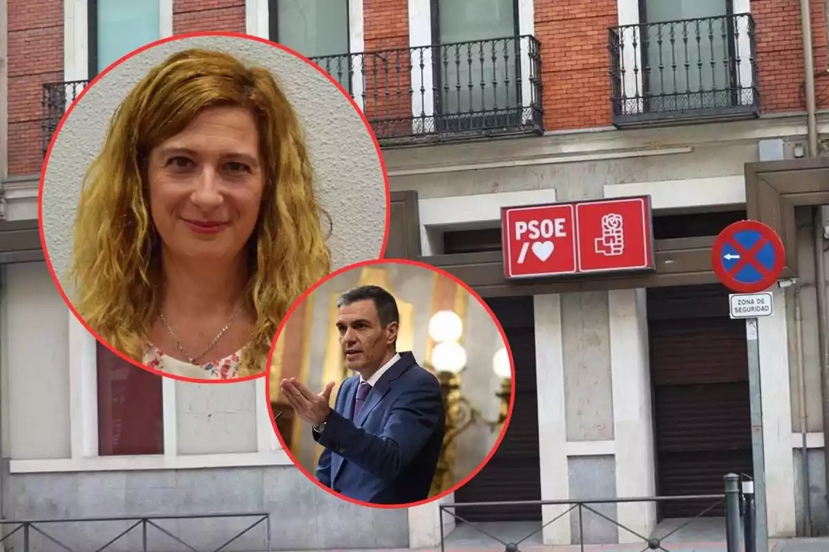 Una imagen muestra la fachada de un edificio con un cartel del PSOE y dos retratos en círculos rojos superpuestos.