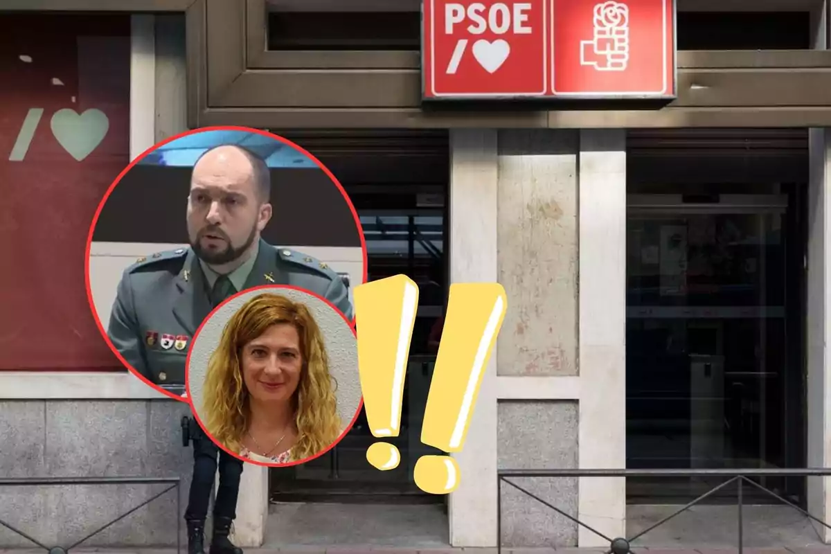 Fachada de una sede del PSOE con dos retratos superpuestos de un hombre con uniforme y una mujer, acompañados de signos de exclamación amarillos.