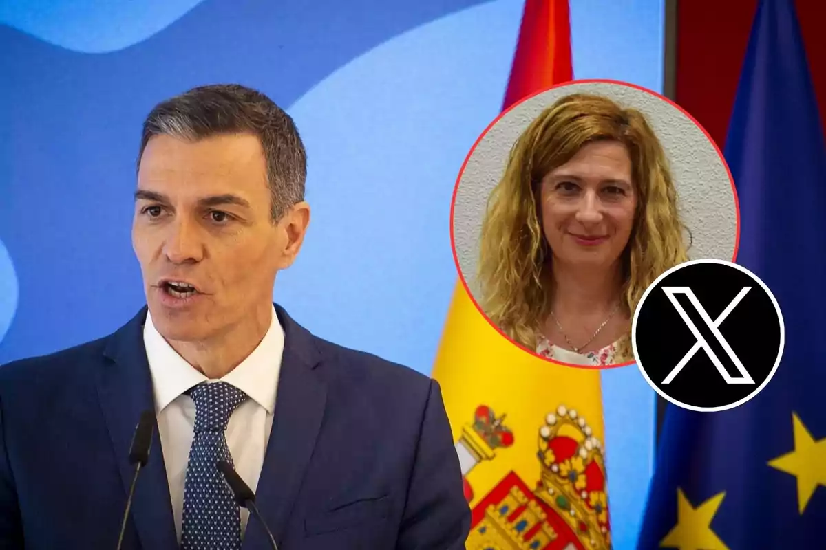 Hombre de traje hablando frente a micrófonos con banderas de España y la Unión Europea de fondo, en la esquina superior derecha aparece el retrato de una mujer enmarcado en un círculo rojo junto al logo de la red social X