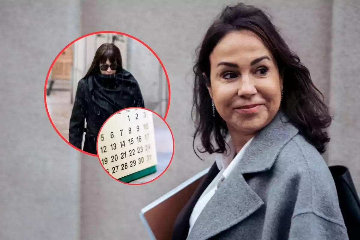 Mujer de cabello oscuro con abrigo gris sonriendo mientras sostiene una carpeta, con un círculo que muestra a otra persona abrigada y un calendario