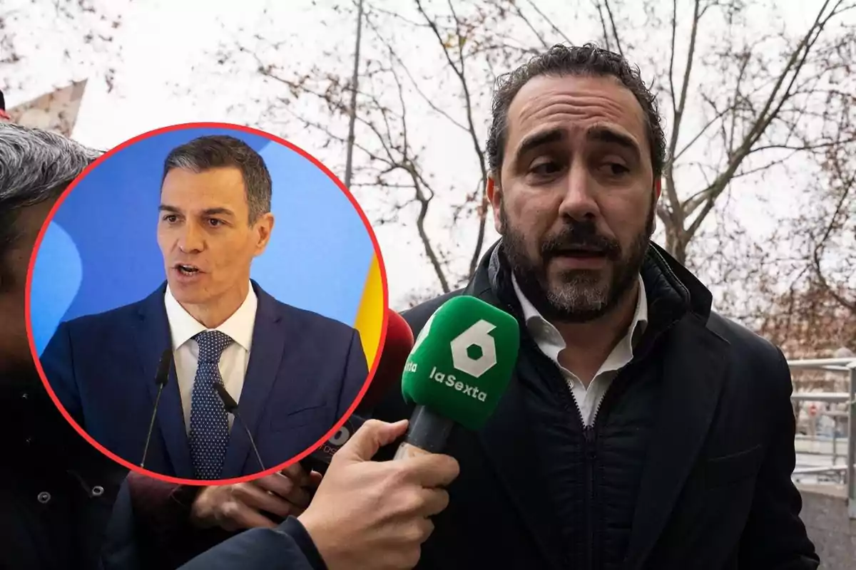 Un hombre con barba es entrevistado por varios medios de comunicación al aire libre mientras en la imagen aparece un recuadro con otro hombre de traje hablando frente a un micrófono