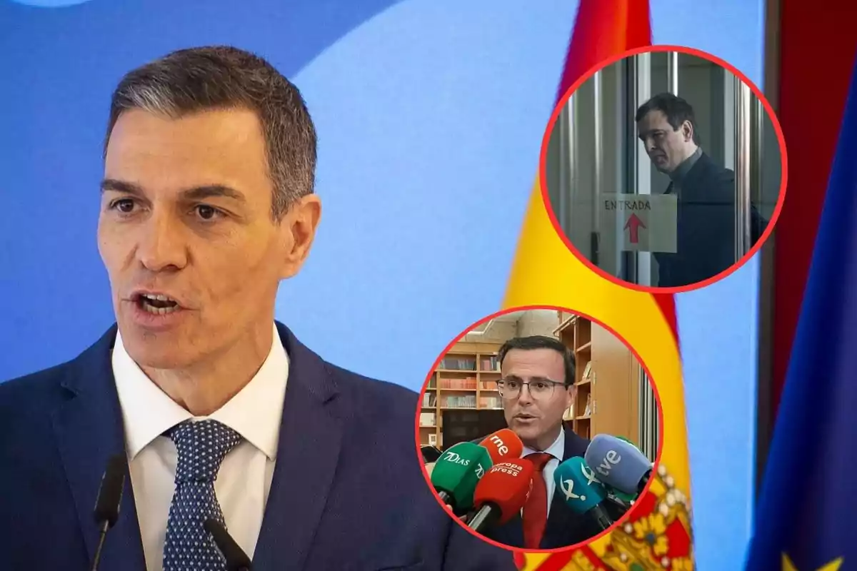 Hombre de traje hablando frente a micrófonos con la bandera de España de fondo y dos recuadros circulares mostrando a otros dos hombres en diferentes situaciones