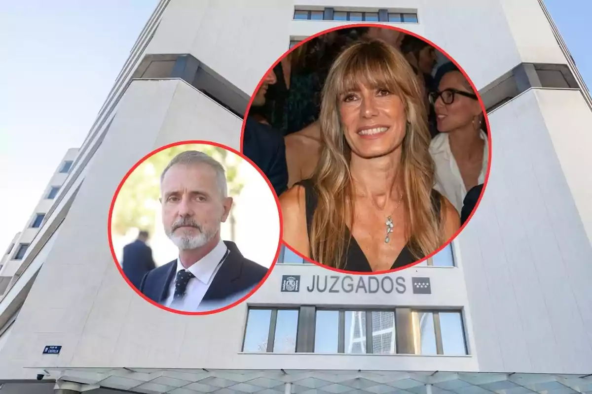 Fachada de un edificio de juzgados con dos retratos de un hombre de cabello canoso y barba y una mujer de cabello largo y rubio superpuestos en círculos rojos