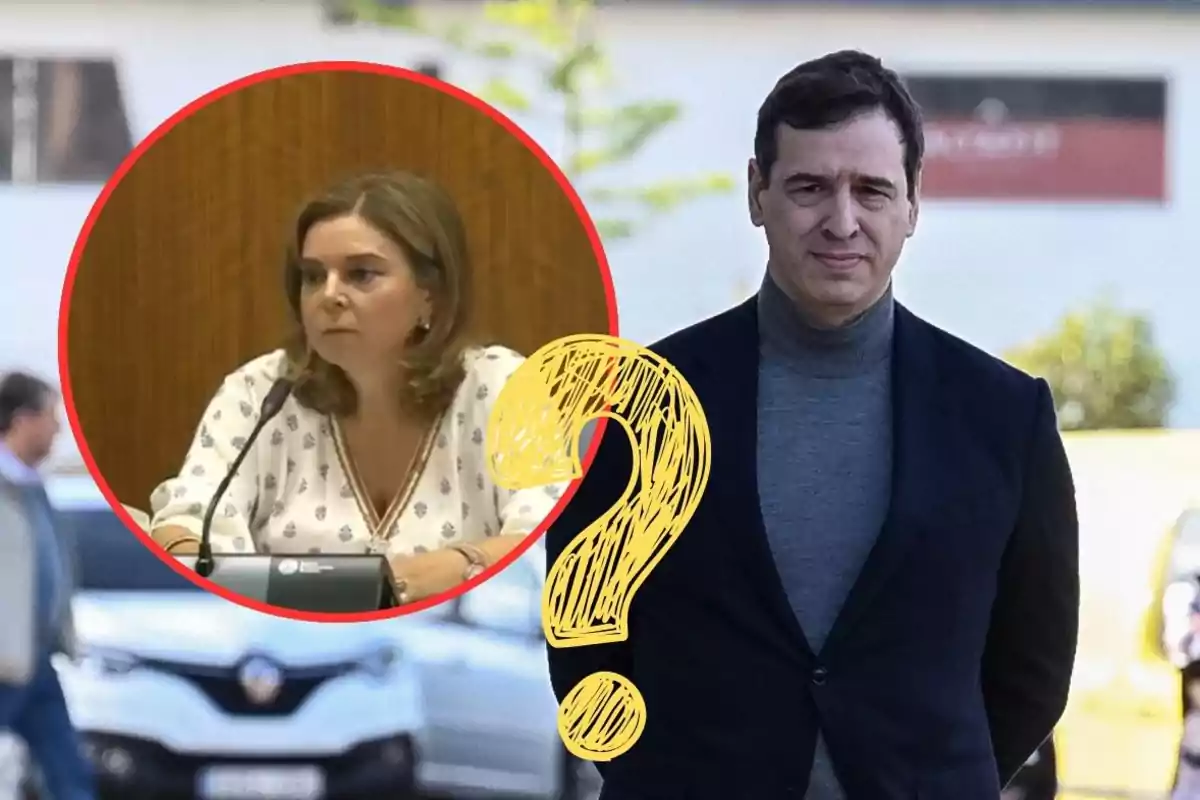 Un hombre de pie con un suéter gris y saco oscuro al aire libre, junto a un círculo rojo que muestra a una mujer sentada frente a un micrófono, con un gran signo de interrogación amarillo entre ambos.