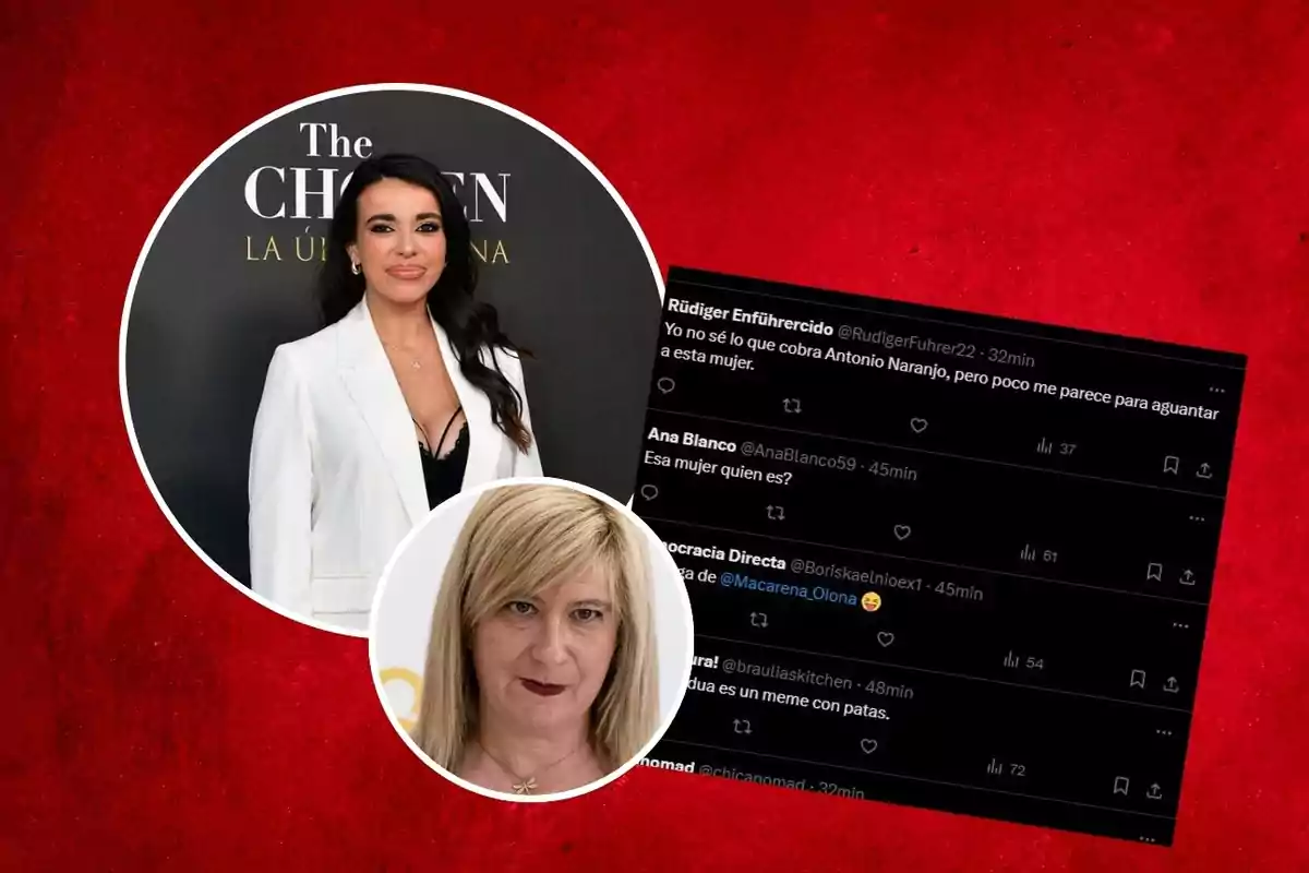 Dos mujeres aparecen en círculos sobre un fondo rojo, una de ellas con chaqueta blanca y la otra con cabello rubio, junto a capturas de pantalla de comentarios en redes sociales.