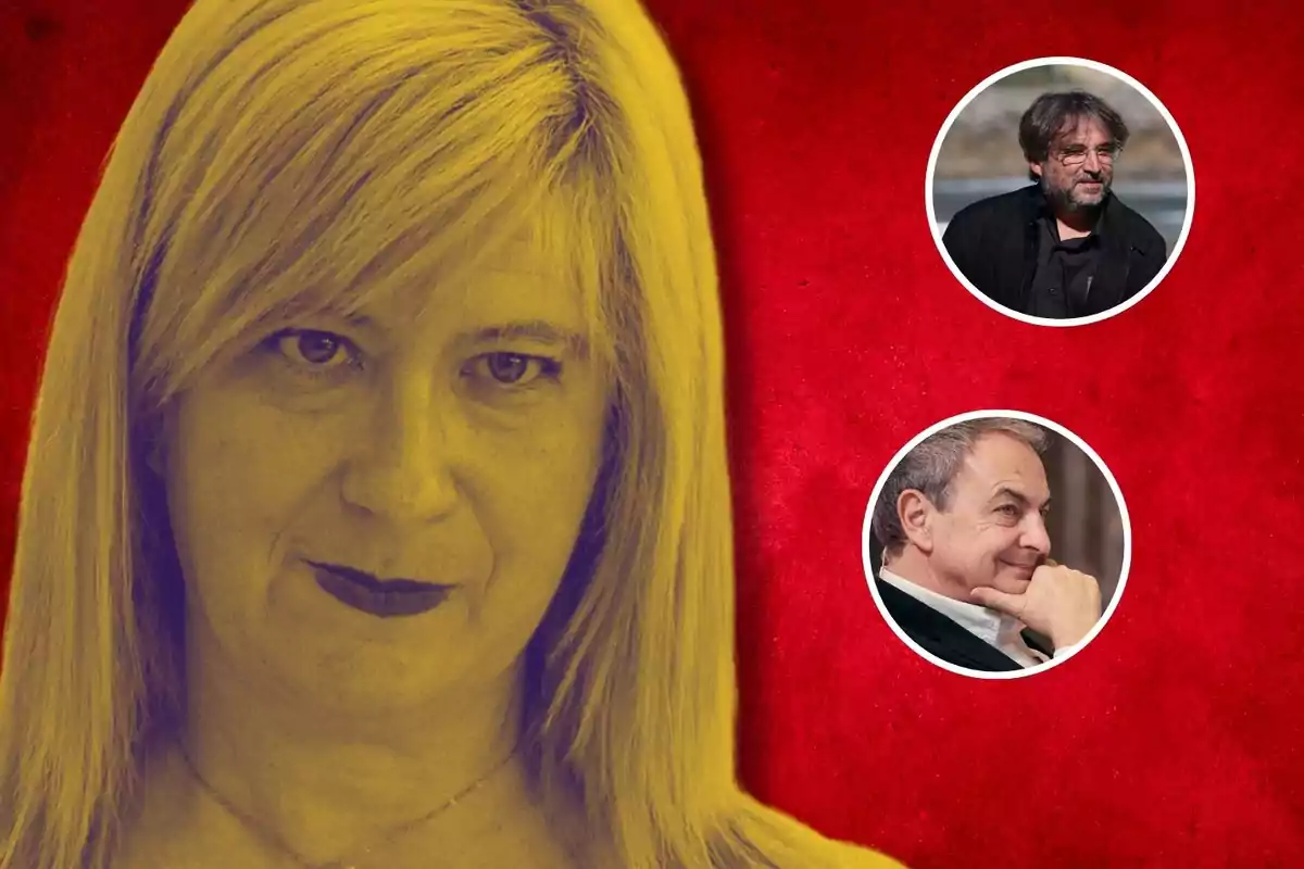 Retrato de una mujer con filtro amarillo en primer plano sobre fondo rojo con dos retratos circulares de hombres en la parte derecha