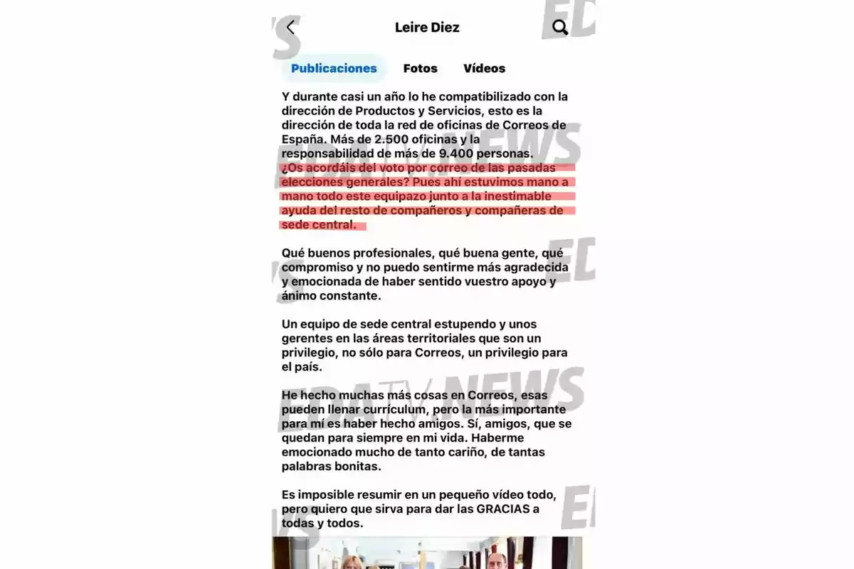 Captura de pantalla de una publicación de Leire Diez en la que destaca su experiencia en la dirección de la red de oficinas de Correos de España, mencionando la gestión del voto por correo en las elecciones generales y agradeciendo al equipo y compañeros por su apoyo y profesionalidad Captura de pantalla de una publicación de Leire Diez en la que destaca su experiencia en la dirección de la red de oficinas de Correos de España, mencionando la gestión del voto por correo en las elecciones generales y agradeciendo al equipo y compañeros por su apoyo y profesionalidad