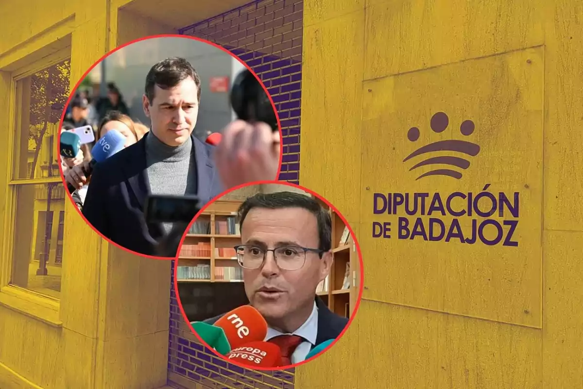 Dos hombres siendo entrevistados por la prensa aparecen en círculos superpuestos sobre la fachada de la Diputación de Badajoz