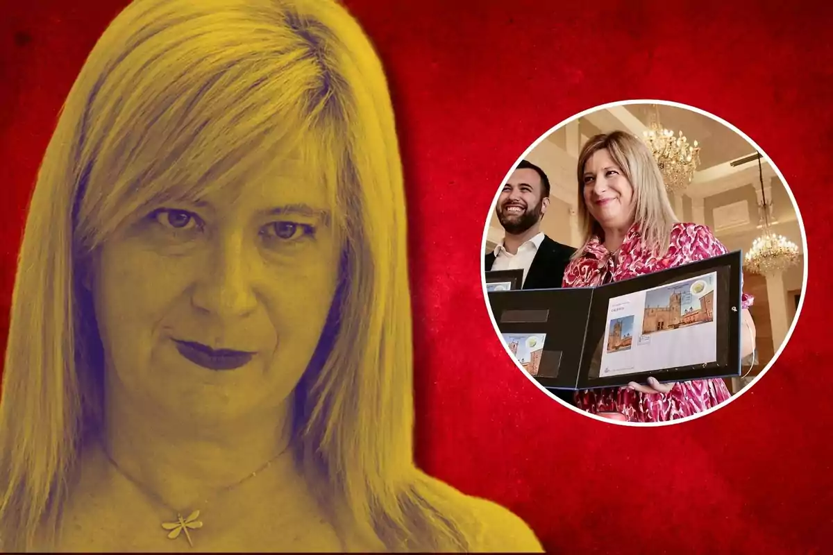 Mujer rubia con expresión seria en primer plano con filtro amarillo y fondo rojo, en la esquina superior derecha aparece la misma mujer sonriente junto a un hombre sosteniendo un cuadro en un salón elegante.