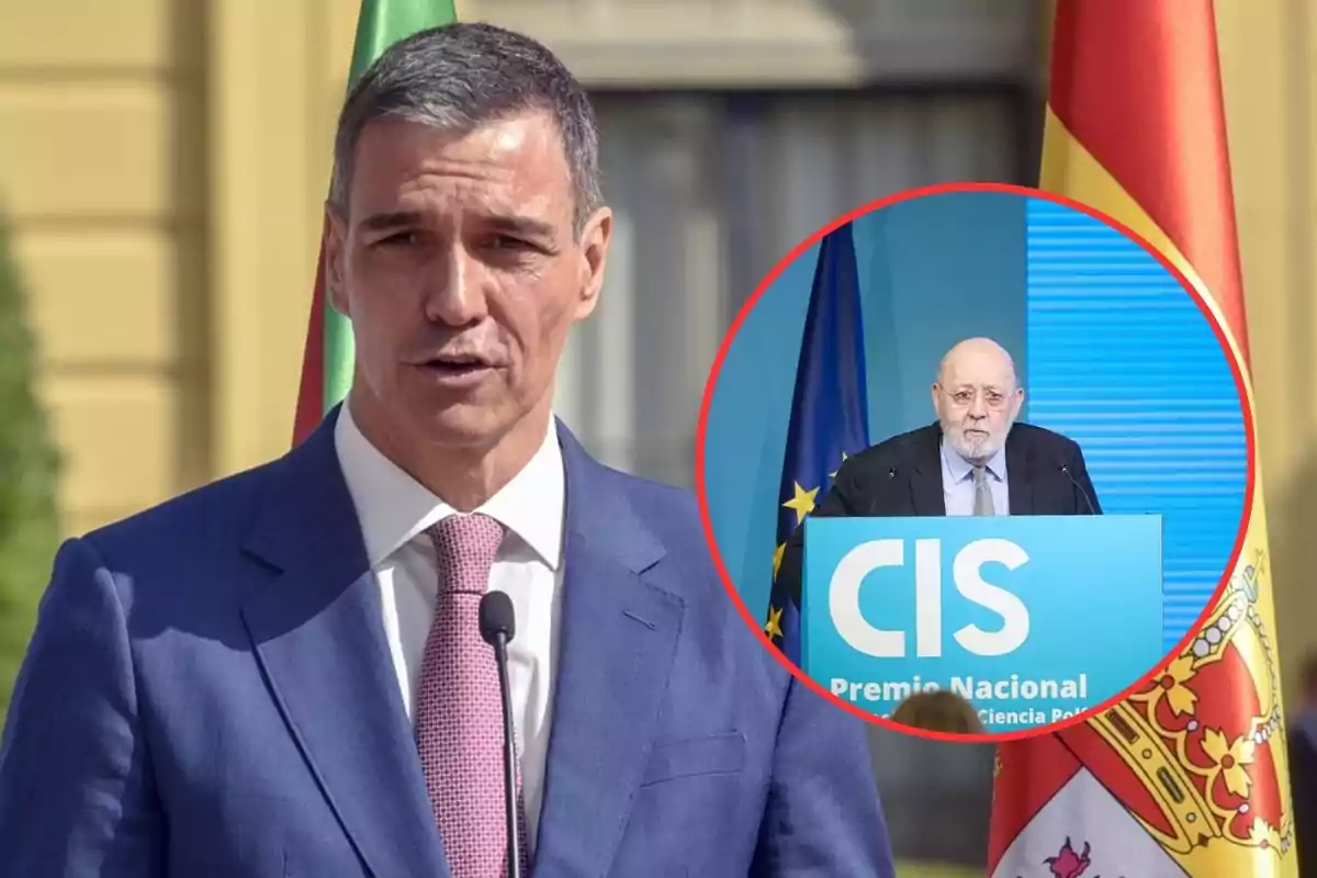 Un hombre con traje azul y corbata rosa habla frente a un micrófono, al fondo se ven banderas y un edificio, y en un círculo sobrepuesto aparece otro hombre mayor con barba hablando en un podio azul con las letras CIS y banderas detrás.